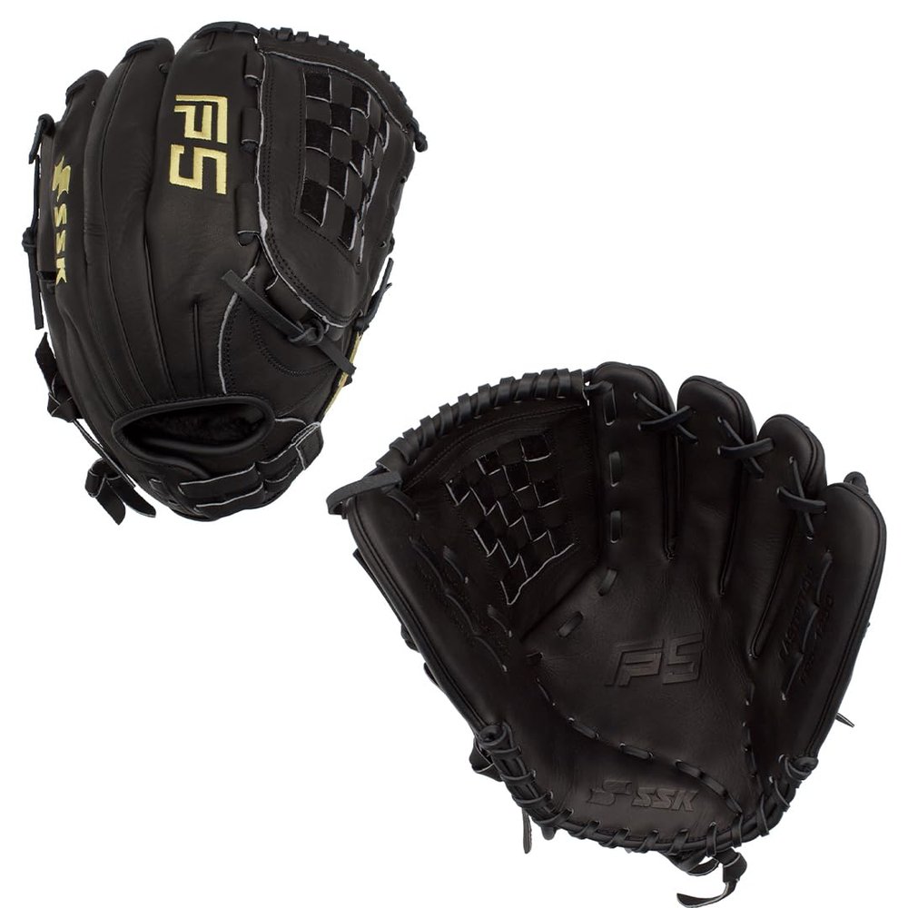 SSK FP5 Fastpitch Softball Glove Infield - Outfield - Pitcher 11.5-11.75-12-12.25-12.5-12.75-13 Right & Left Hand Throw (Black/Gold - Basket Web, 12.5" - Right Hand Throw)