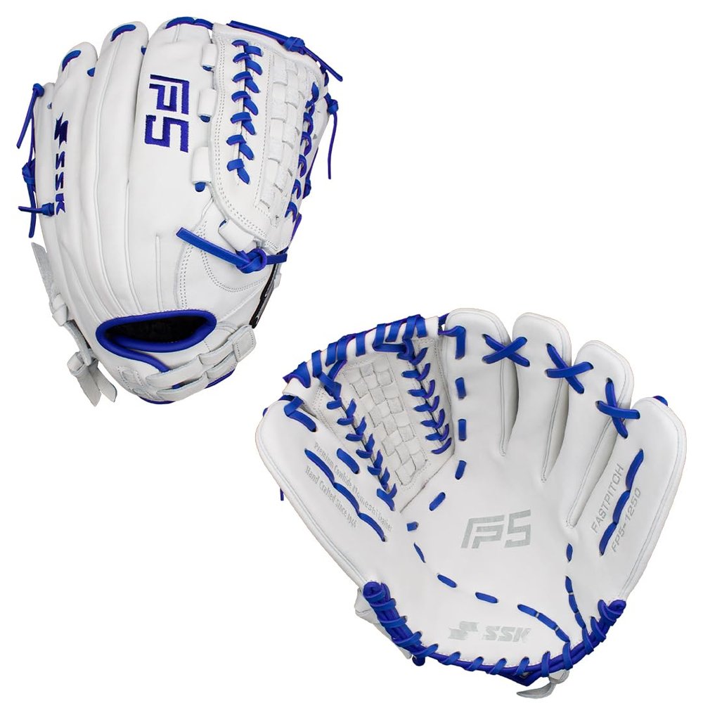 SSK FP5 Fastpitch Softball Glove Infield - Outfield - Pitcher 11.5-11.75-12-12.25-12.5-12.75-13 Right & Left Hand Throw (White/Royal - Laced Basket Web, 12.5" - Right Hand Throw)
