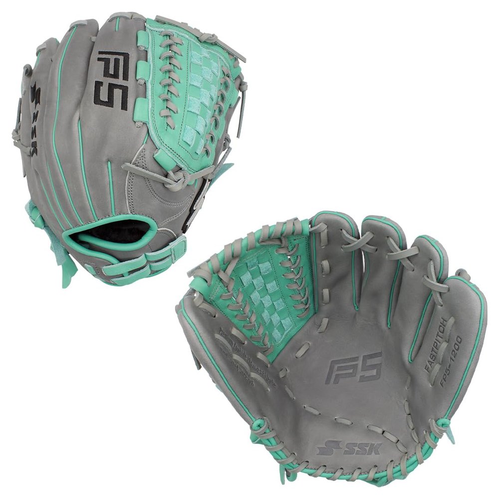 SSK FP5 Fastpitch Softball Glove  Infield - Outfield - Pitcher  11.5-11.75-12-12.25-12.5-12.75-13 Right & Left Hand Throw (Grey/Mint - Laced Basket Web, 12" - Left Hand Throw)
