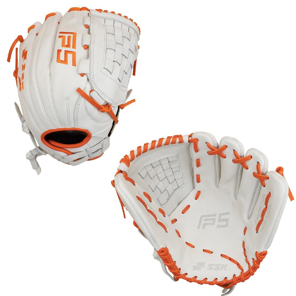 SSK FP5 Fastpitch Softball Glove Infield - Outfield - Pitcher 11.5-11.75-12-12.25-12.5-12.75-13 Right & Left Hand Throw (White/Orange - Basket Web, 12.25" - Left Hand Throw)