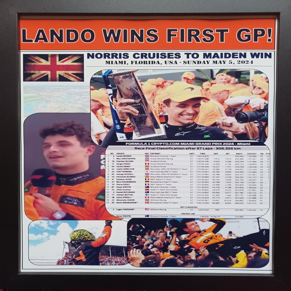 Assorted Lando Norris 2024 Miami Grand Prix winner - framed print