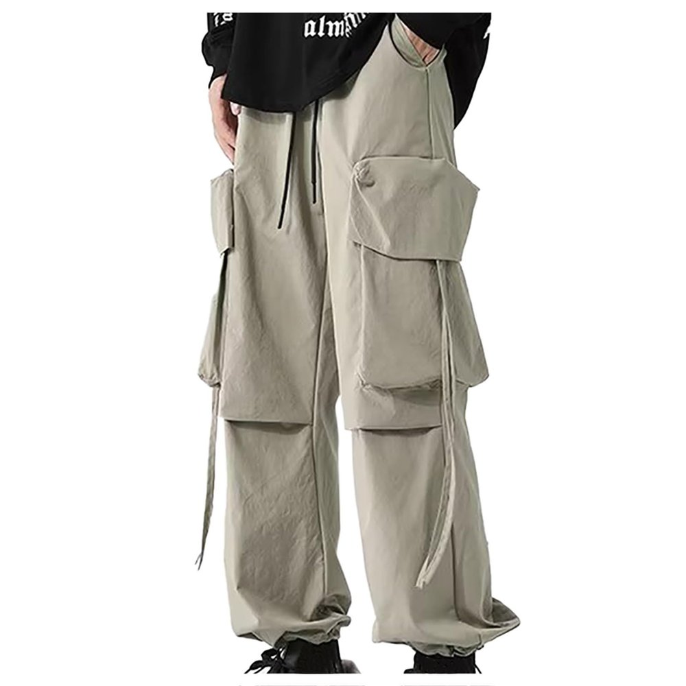 Cargo Pants for Women 2024 Y2k Hip Hop Streetwear Wide Leg Pants Unisex Drawstring Elastic Waist Trouser with Pockets Khaki