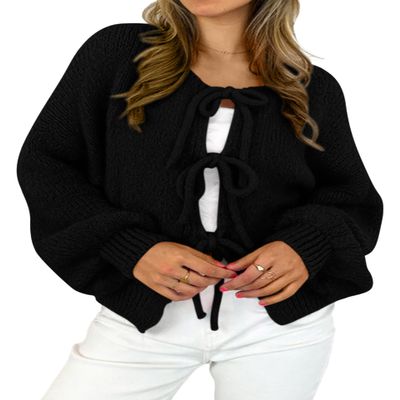 MASCOMODA 2025 Bow Tie Front Cardigan Sweaters for Women Fall Winter Oversized Long Sleeve Open Front Chunky Sweater Coats(Black,Small)