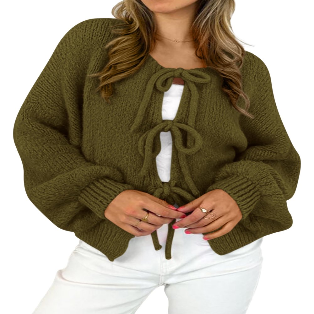 MASCOMODA 2025 Bow Tie Front Cardigan Sweaters for Women Fall Winter Oversized Long Sleeve Open Front Chunky Sweater Coats(Army Green,X-Large)