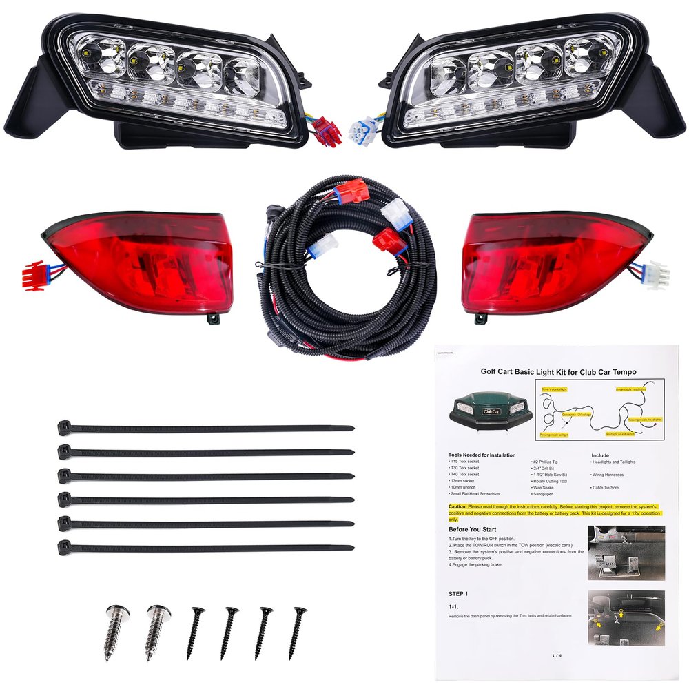 Drive-up Golf Cart LED Light Kit for Club Car Tempo - Headlight and Tail Light With Harness Kit for Gas and Electric Models
