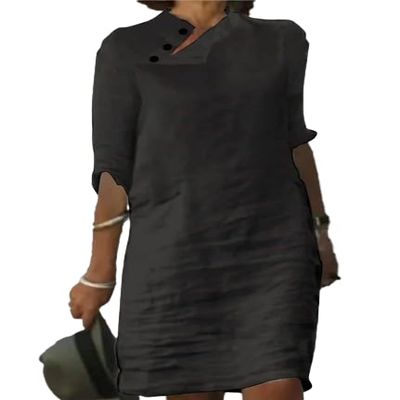 Akivide Womens Cotton Linen Half Sleeve Midi Dress with Pockets Loose Stand Collar Button Knee Length Linen Shift Dress 2025