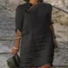 Akivide Womens Cotton Linen Half Sleeve Midi Dress with Pockets Loose Stand Collar Button Knee Length Linen Shift Dress 2025 view 2