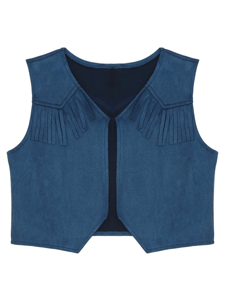 Moggemol Kids Cowboys Cowgirls Wild West Cosplay Fancy Dress-up Waistcoat Suede Tassel Vest Outwear Jacket Navy Blue A 4 Years