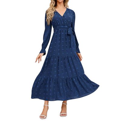 IDOPIP Long Sleeve Swiss Dot Dress for Women Tiered Maxi Dress with Belt Casual A Line Flowy Dress Fall Elegant Wrap V Neck Ruffle Long Dress Formal Party Wedding Guest Outfit Blue L