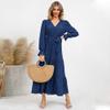 IDOPIP Long Sleeve Swiss Dot Dress for Women Tiered Maxi Dress with Belt Casual A Line Flowy Dress Fall Elegant Wrap V Neck Ruffle Long Dress Formal Party Wedding Guest Outfit Blue L view 3