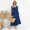 IDOPIP Long Sleeve Swiss Dot Dress for Women Tiered Maxi Dress with Belt Casual A Line Flowy Dress Fall Elegant Wrap V Neck Ruffle Long Dress Formal Party Wedding Guest Outfit Blue L view 4