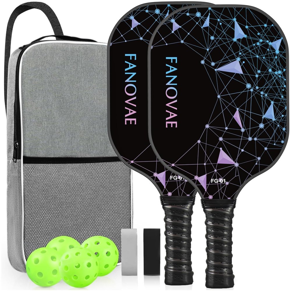 Fanovae Pickleball Paddles Set of 2,Reinforced Fiberglass Surface Set with Pickleball Rackets, 4 Pickle Balls, Sling Bag, Grip Tapes, Ideal Gift for Men Women Beginners, Black