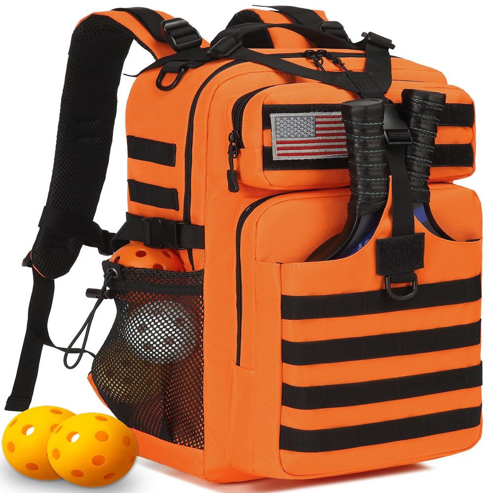 BISKLNDN Pickleball Backpack for Men and Women, Tactical Pickleball Paddle Bag with Molle System Design, Multi-Functional Pickleball Bag for Pickleball Lovers, Black + Orange