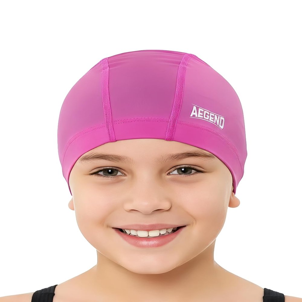 Aegend Fabric Swim Cap, Silicone Waterproof Layer - Breathable Cloth Swimming Cap, Keep Hair Dry with Hight Elasticity for Youth(8-16),2 Sizes to Choose (Pink, Small)