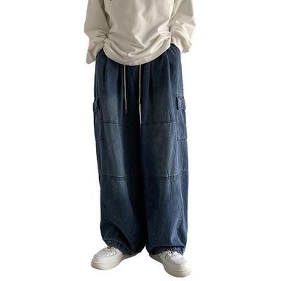 QOAAIE Vintage Baggy Cargo Jeans for Men Multi-Pockets Streetwear Hip Hop Joggers Pants Loose Fit Denim Cargo Pants (Blue,X-Large)