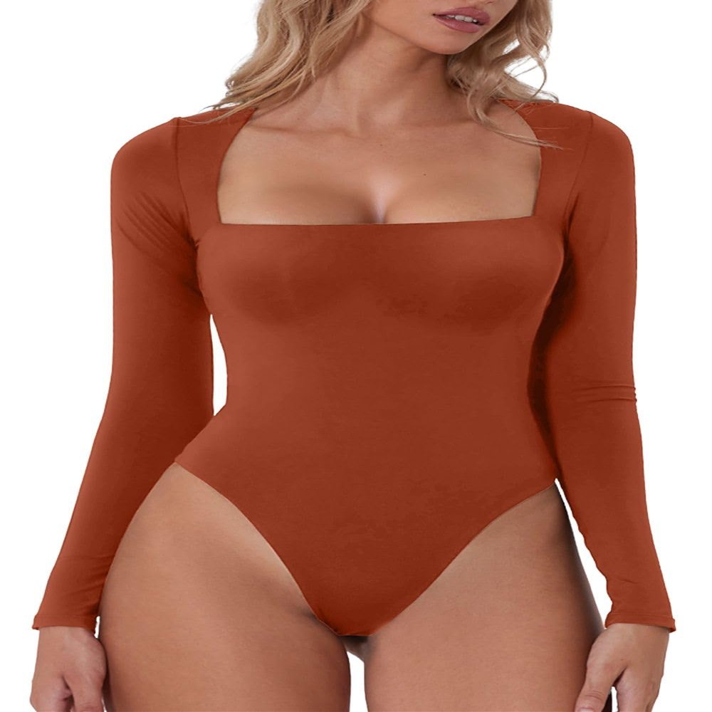 QINSEN Women's Sexy Square Neck Bodysuit Long Sleeve Double Lined Shirt Tops Picante S