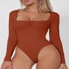 QINSEN Women's Sexy Square Neck Bodysuit Long Sleeve Double Lined Shirt Tops Picante S view 3