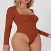 QINSEN Women's Sexy Square Neck Bodysuit Long Sleeve Double Lined Shirt Tops Picante S view 4