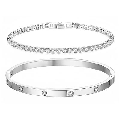 18K Gold Plated Dainty Tennis Bracelets Set 4mm/6mm Love Bangle Bracelets with 3mm/4mm Cubic Zirconia Classic Tennis Bracelet| Gold Bracelets for Women | Size 6.5/7/7.5 Inch (3mm&4mm Silver Tennis Bangle, 7 Inches)