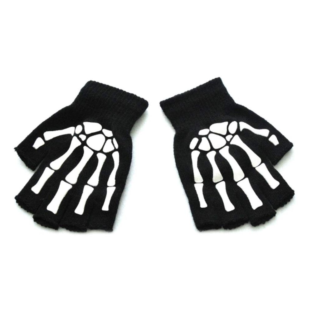 QIXIAMO Toddler Kids Halloween Cosplay Skeleton Skull Half Finger Gloves Glow in The Dark Luminous Fingerless Winter Mittens
