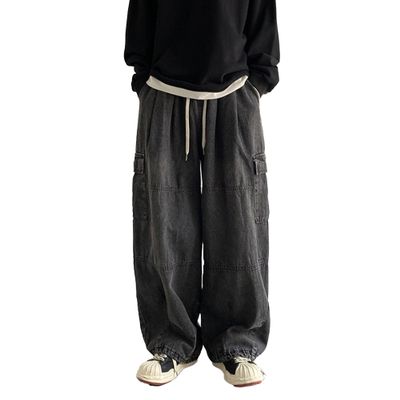 Vintage Baggy Cargo Jeans for Men Multi-Pockets Streetwear Hip Hop Joggers Pants Loose Fit Denim Cargo Pants (Black,X-Large)