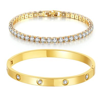 18K Gold Plated Dainty Tennis Bracelets Set 4mm/6mm Love Bangle Bracelets with 3mm/4mm Cubic Zirconia Classic Tennis Bracelet| Gold Bracelets for Women | Size 6.5/7/7.5 Inch (4mm&6mm Gold Tennis Bangle, 7 Inches)