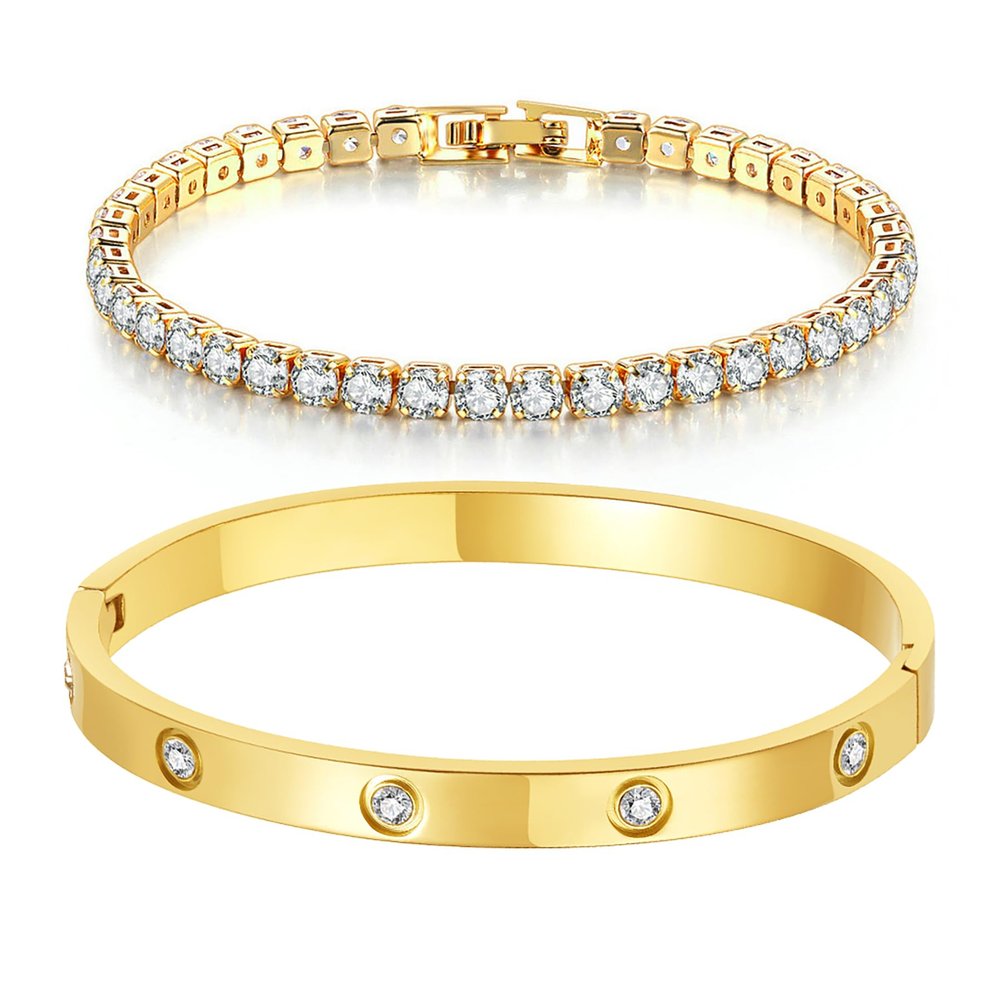 18K Gold Plated Dainty Tennis Bracelets Set 4mm/6mm Love Bangle Bracelets with 3mm/4mm Cubic Zirconia Classic Tennis Bracelet| Gold Bracelets for Women | Size 6.5/7/7.5 Inch (4mm&6mm Gold Tennis Bangle, 7 Inches)