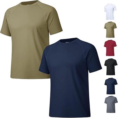2PCS Men's Plain Round Neck Raglan Sleeve, Dry Fit Breathable Mesh Active Crew Neck T Shirt, Slim Short Sleeve (B,2XL)