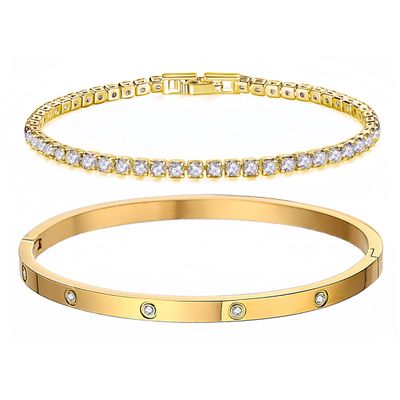 18K Gold Plated Dainty Tennis Bracelets Set 4mm/6mm Love Bangle Bracelets with 3mm/4mm Cubic Zirconia Classic Tennis Bracelet| Gold Bracelets for Women | Size 6.5/7/7.5 Inch (3mm&4mm Gold Tennis Bangle, 7.5 Inches)