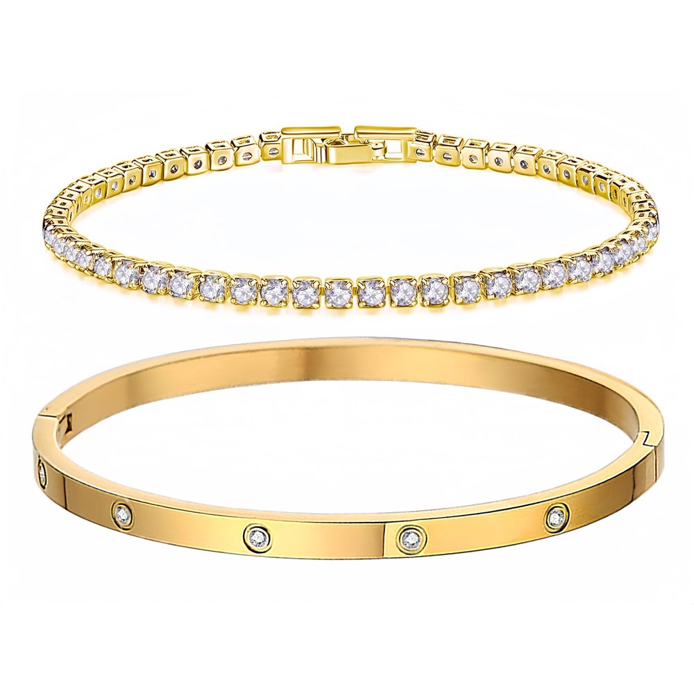 18K Gold Plated Dainty Tennis Bracelets Set 4mm/6mm Love Bangle Bracelets with 3mm/4mm Cubic Zirconia Classic Tennis Bracelet| Gold Bracelets for Women | Size 6.5/7/7.5 Inch (3mm&4mm Gold Tennis Bangle, 7.5 Inches)