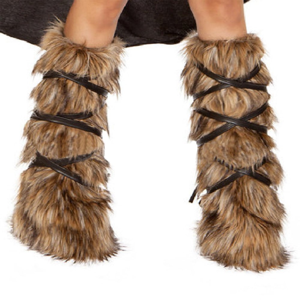 Viking Costume Faux Fur Leg Warmers with Strap Arm Cuffs Arm Guards Plush Leg Wraps Boot Covers Halloween Cosplay Accessory