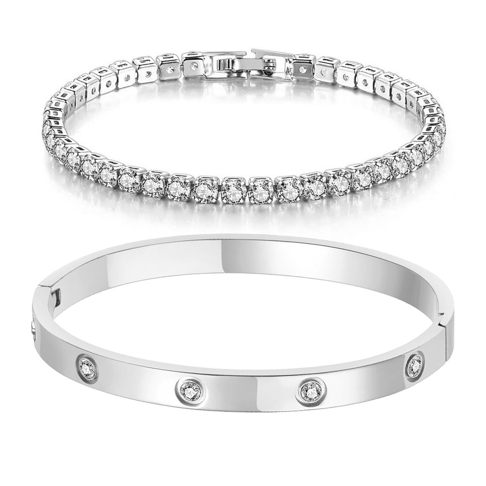 18K Gold Plated Dainty Tennis Bracelets Set 4mm/6mm Love Bangle Bracelets with 3mm/4mm Cubic Zirconia Classic Tennis Bracelet| Gold Bracelets for Women | Size 6.5/7/7.5 Inch (4mm&6mm Silver Tennis Bangle, 7 Inches)