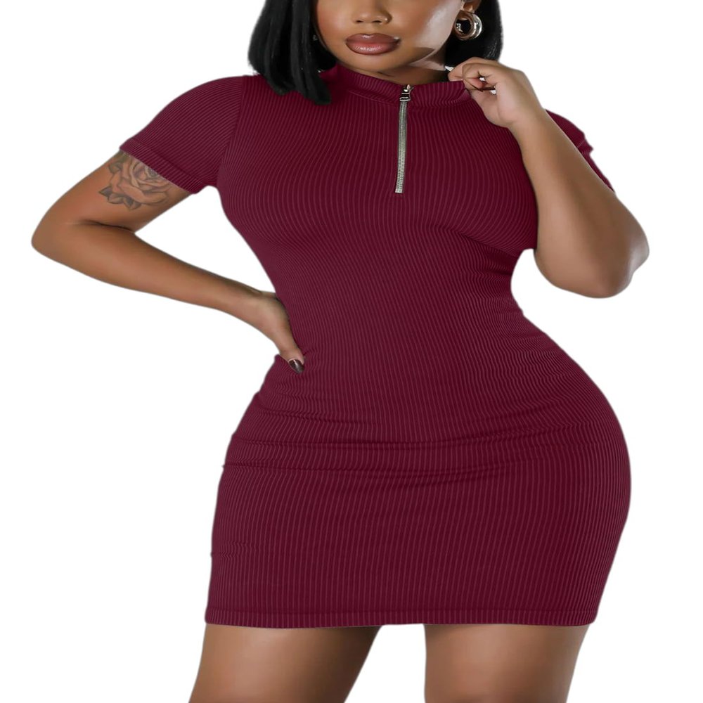 AiiUp Ribbed Bodycon Dresses for Women Short Sleeve Summer Zip Up Front Casual Mini Tank Dress Dark Red