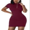 AiiUp Ribbed Bodycon Dresses for Women Short Sleeve Summer Zip Up Front Casual Mini Tank Dress Dark Red view 1