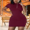 AiiUp Ribbed Bodycon Dresses for Women Short Sleeve Summer Zip Up Front Casual Mini Tank Dress Dark Red view 3
