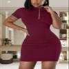 AiiUp Ribbed Bodycon Dresses for Women Short Sleeve Summer Zip Up Front Casual Mini Tank Dress Dark Red view 4