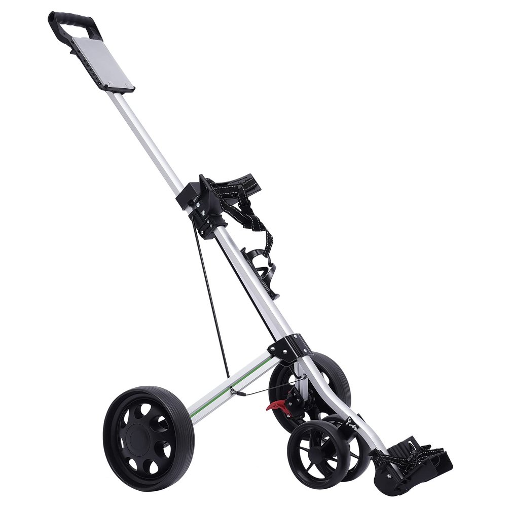 3 Wheel Push Pull Golf Cart, Aluminum Alloy Golf Pull cart, Foldable, 6.6 lbs Lightweight, Bearing Capacity 44 lbs, Water Bottle Holder Golf Carts, with Foot Brake, for Golf Bags