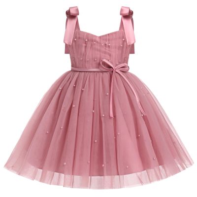 IBTOM CASTLE Baby Girl Birthday Dress with Imitation Pearls Lace Tulle Dress Toddlers Girls Tutu Princess Dress Flower Bowknot Spaghetti Straps Party Dress Pageant Pink 2-3 Years
