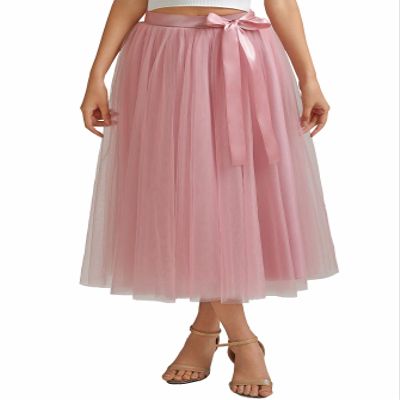 AiberLisha A line Tea Length Tulle Skirt for Party Prom Casual Wear Dusty Pink L