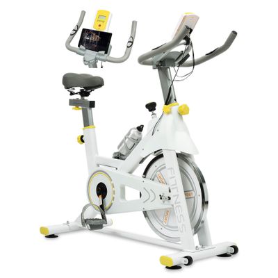 Adjustable Exercise Bike with iPad Holder and LCD Display - Stationary Bikes for Home, Indoor Cycling Bike, Adjustable Resistance, Seat & Handle, Solid & Sturdy, Noise-Free (White)