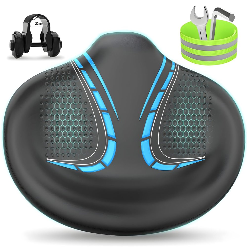 BLUEWIND New Noseless Oversized Bike Seat, Wide Bicycle Saddle Novel Backrest Design for Electric Bike, Universal Fit Exercise Bike or Road Stationary Bike Seat Cushion for Men & Women (Blue)