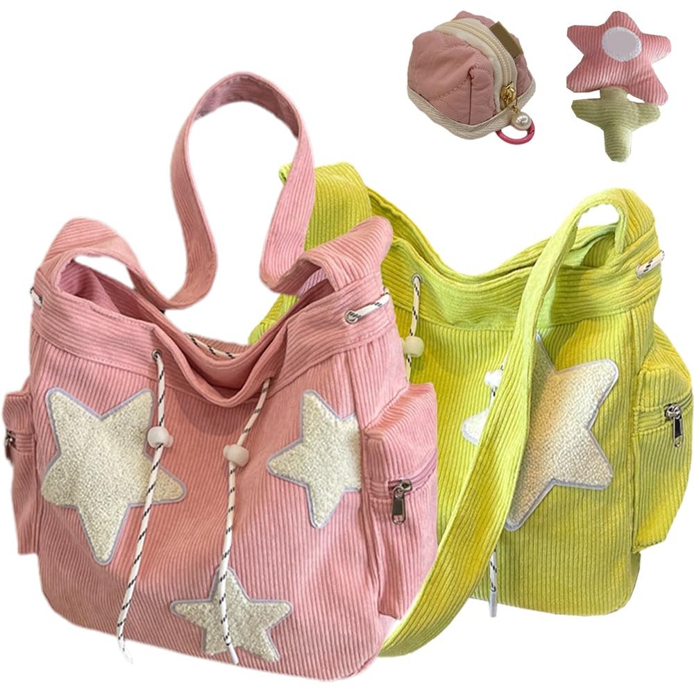 Solarix Star Crossbody Bag with Mini Bag, Corduroy Tote - Y2k Messenger for Women (Pink+Green)