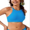 CRZ YOGA High Neck Bikini Tops for Women - Padded Crisscross Tie Back Bathing Suit Swim Bra Madagascar Blue Small view 1