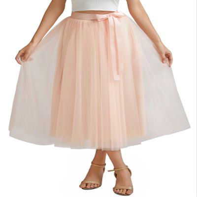AiberLisha A line Tea Length Tulle Skirt for Party Prom Casual Wear Blush Pink L
