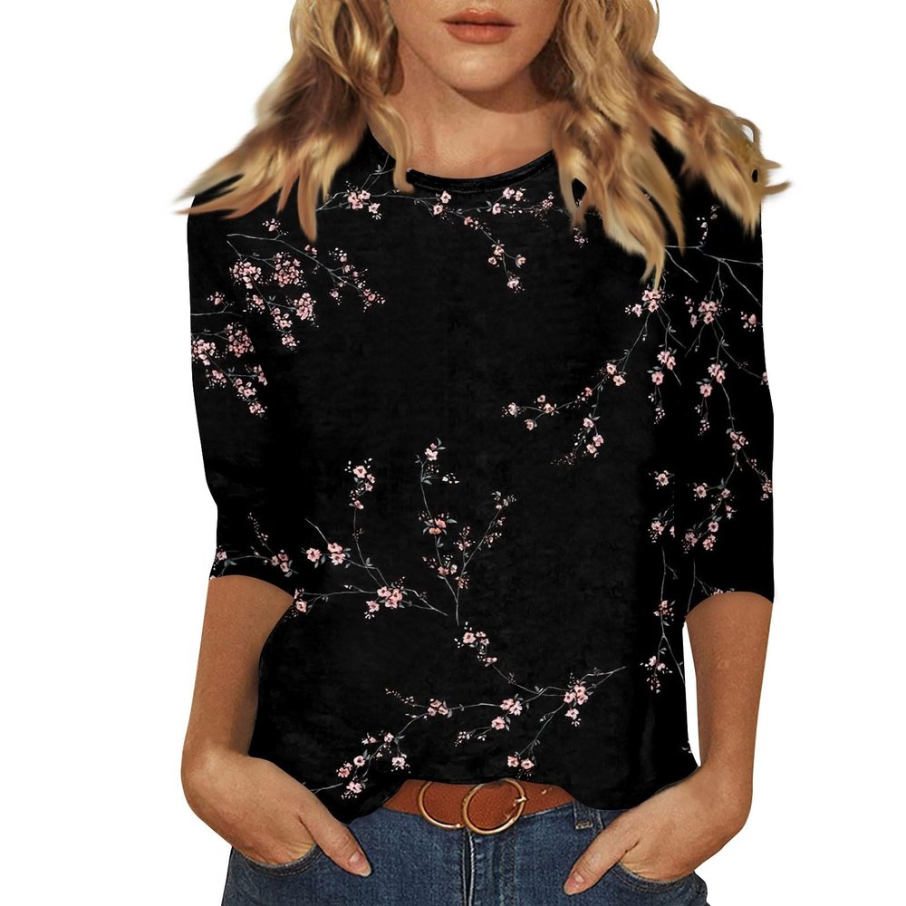 3/4 Length Sleeve Womens Tops Dressy Casual Blouses - Spring Fashion 2026 Plus Size Crew Neck Fitted Tshirts - Business Going Out Trendy Tunics Tops Beach Vacation Outfits 12-Black M