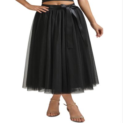 AiberLisha A line Tea Length Tulle Skirt for Party Prom Casual Wear Black L