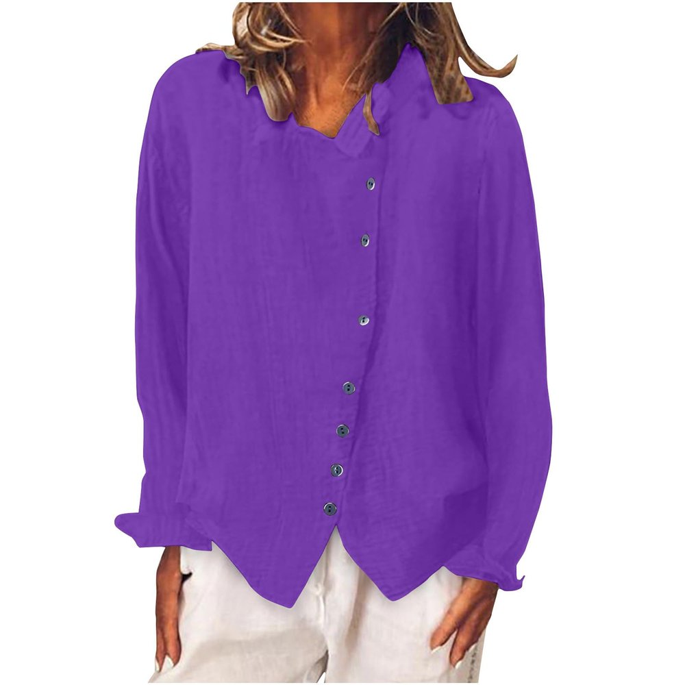 Rkwins Linen Shirts for Women Button Down Long Sleeve Shirts Dressy Casual Blouses Trendy Fall Tops Loose Fit T Shirts Purple