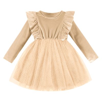 DREAM BUS Toddler Girl Khaki Christmas Dress Velvet Top Spark Tulle Skirt Ruffled Long Sleeve 4-5T