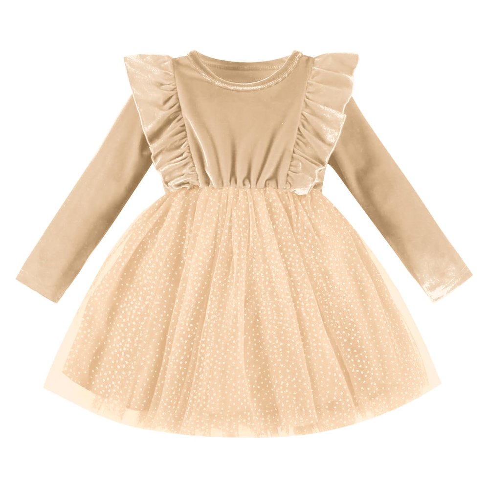 DREAM BUS Toddler Girl Khaki Christmas Dress Velvet Top Spark Tulle Skirt Ruffled Long Sleeve 4-5T