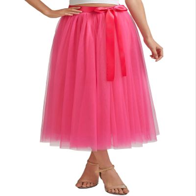 AiberLisha A line Tea Length Tulle Skirt for Party Prom Casual Wear Hot Pink S-M